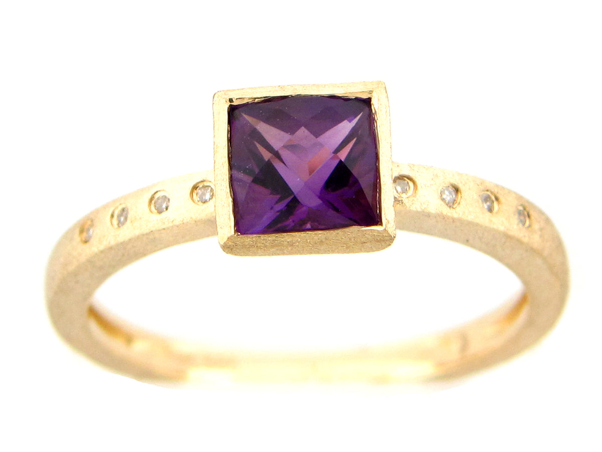 AMETHYST & DIAMOND SQUARE BEZEL RING, SATIN FINISH, 14KY (H)