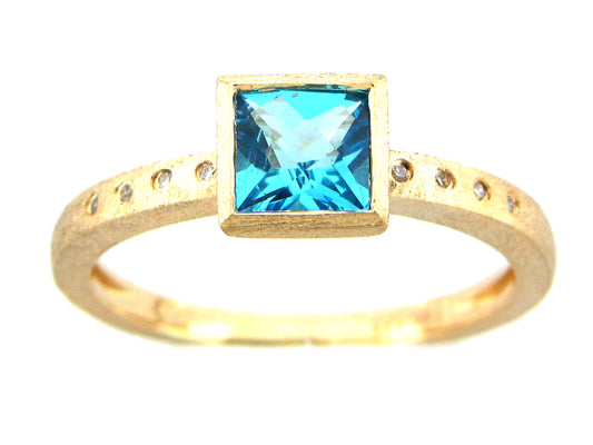BLUE TOPAZ & DIAMOND SQUARE BEZEL RING, SATIN FINISH