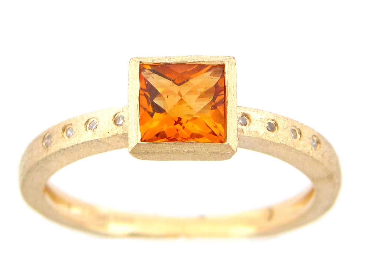 CITRINE & DIAMOND SQUARE BEZEL RING, SATIN FINISH, 14KY (H)