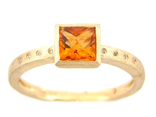 CITRINE & DIAMOND SQUARE BEZEL RING, SATIN FINISH, 14KY (H)