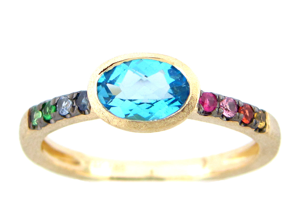 SWISS BLUE TOPAZ & FANCY SAPPHIRE BEZEL RING, SATIN FINISH, 14KY (R/H/U)
