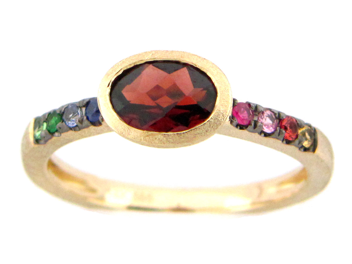 GARNET & FANCY SAPPHIRE BEZEL RING, SATIN FINISH, 14KY (N/H/U)