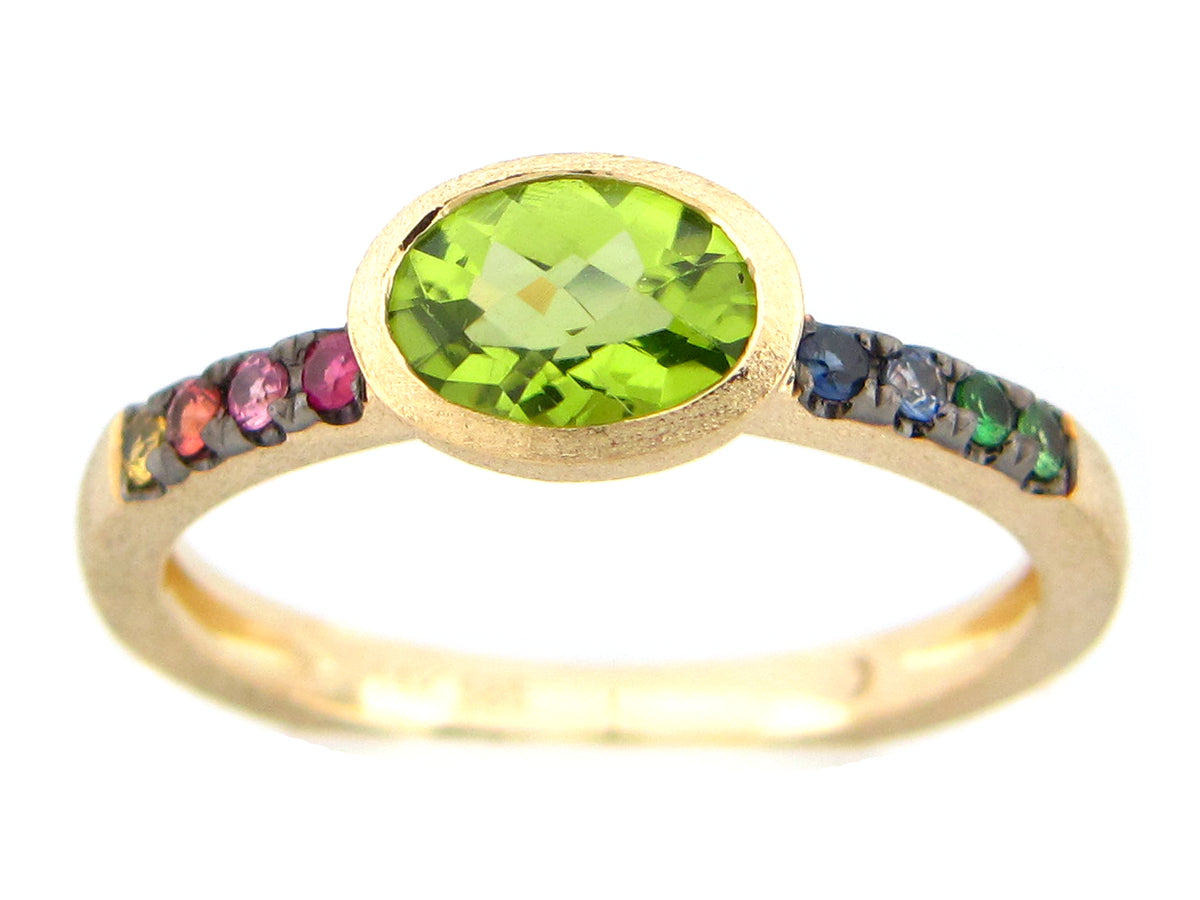 PERIDOT & FANCY SAPPHIRE BEZEL RING, SATIN FINISH, 14KY (N/H/U)