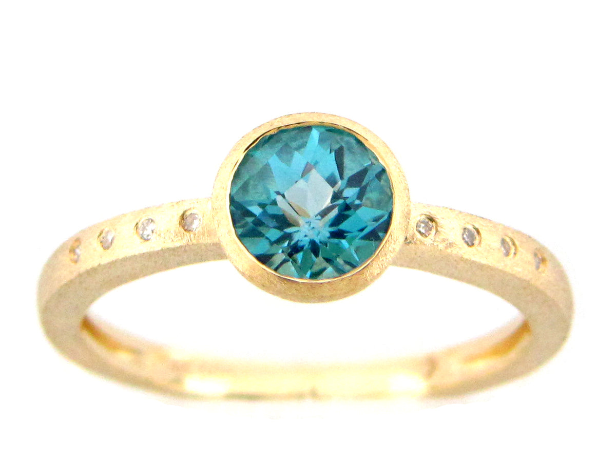 BLUE TOPAZ & DIAMOND ROUND BEZEL RING, SATIN FINISH, 14KY (R)