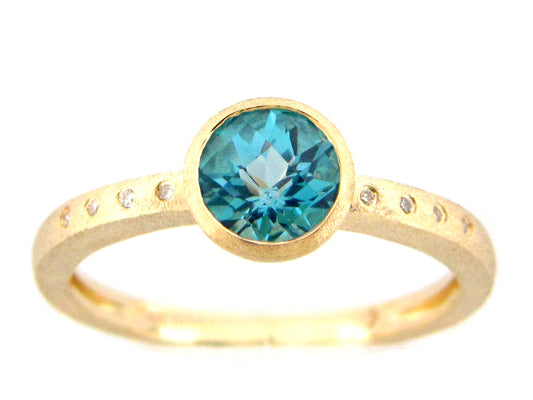 BLUE TOPAZ & DIAMOND ROUND BEZEL RING, SATIN FINISH, 14KY (R)