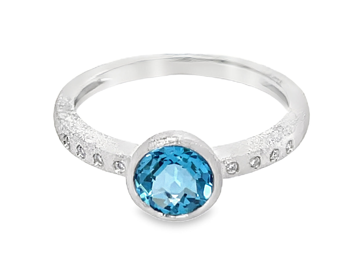 BLUE TOPAZ & DIAMOND ROUND BEZEL RING, SATIN FINISH, 14KW (R)