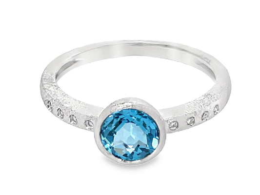 BLUE TOPAZ & DIAMOND ROUND BEZEL RING, SATIN FINISH, 14KW (R)