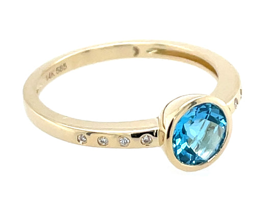 Blue Topaz Diamond Round Bezel Ring, 14ky (R)