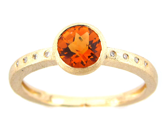 CITRINE & DIAMOND ROUND BEZEL RING, SATIN FINISH, 14KY (H)