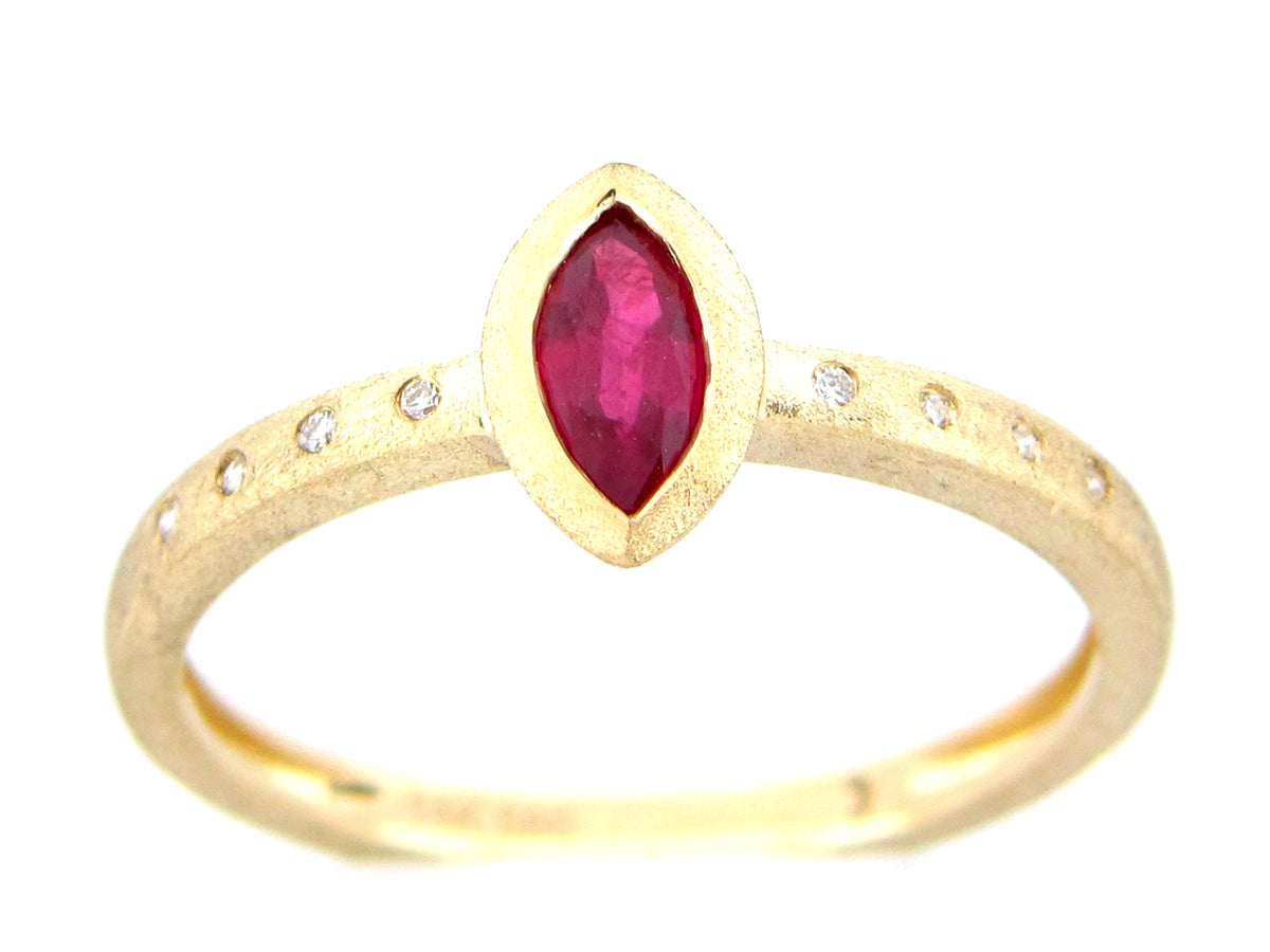RUBY & DIAMOND MARQUISE BEZEL RING, SATIN FINISH, 14KY (H)