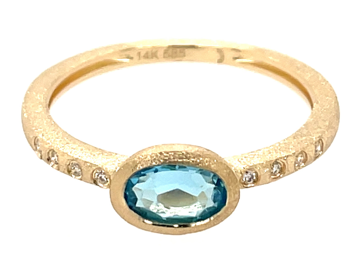 BLUE TOPAZ OVAL BEZEL & DIAMOND RING, SATIN FINISH