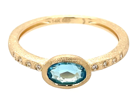 BLUE TOPAZ OVAL BEZEL & DIAMOND RING, SATIN FINISH