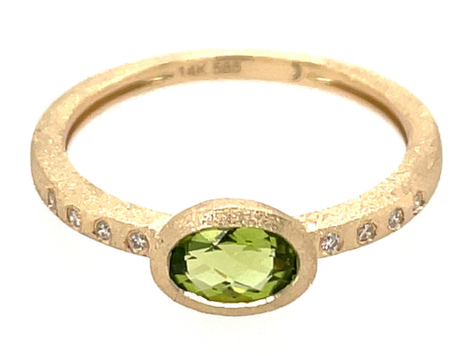 PERIDOT OVAL BEZEL & DIAMOND RING, SATIN FINISH, 14KY (N)