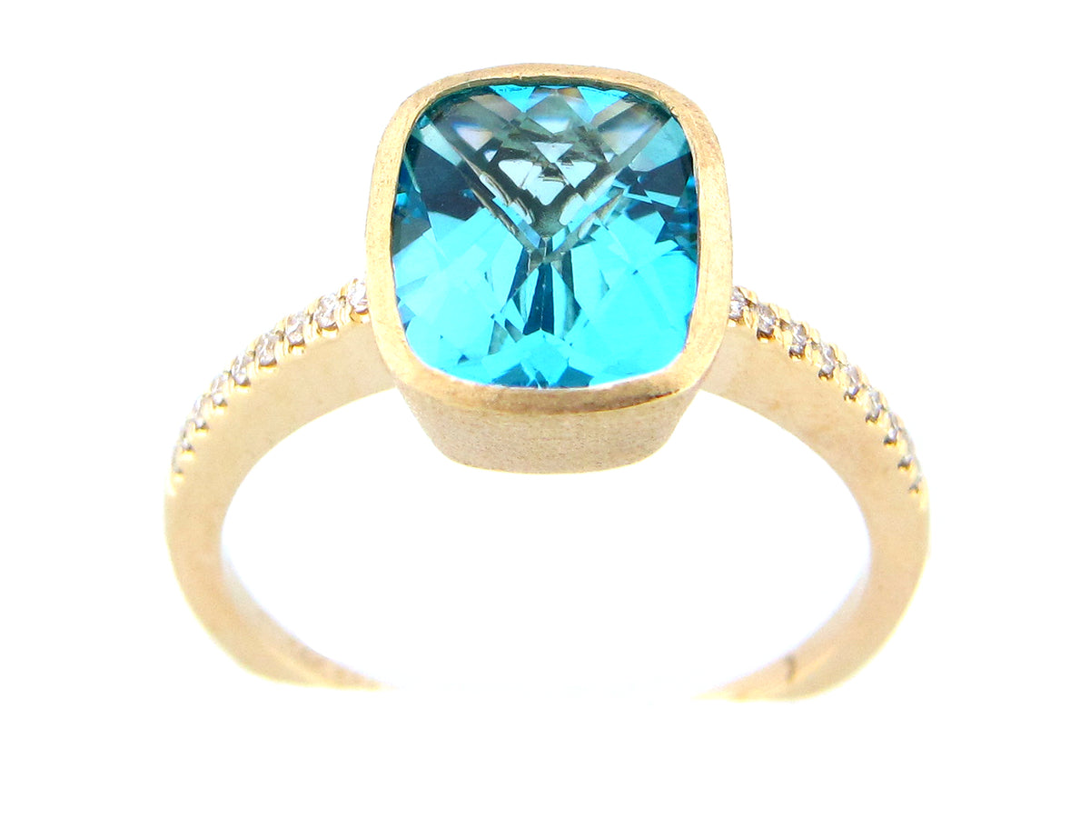 SWISS BLUE TOPAZ & DIAMOND RING, SATIN BEZEL, 14KY (H)