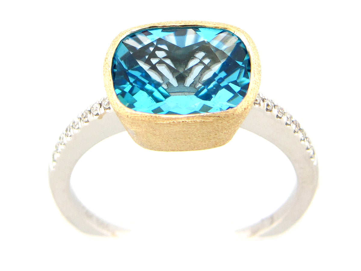 SWISS BLUE TOPAZ & DIAMOND RING, SATIN BEZEL, 14KWY (R)