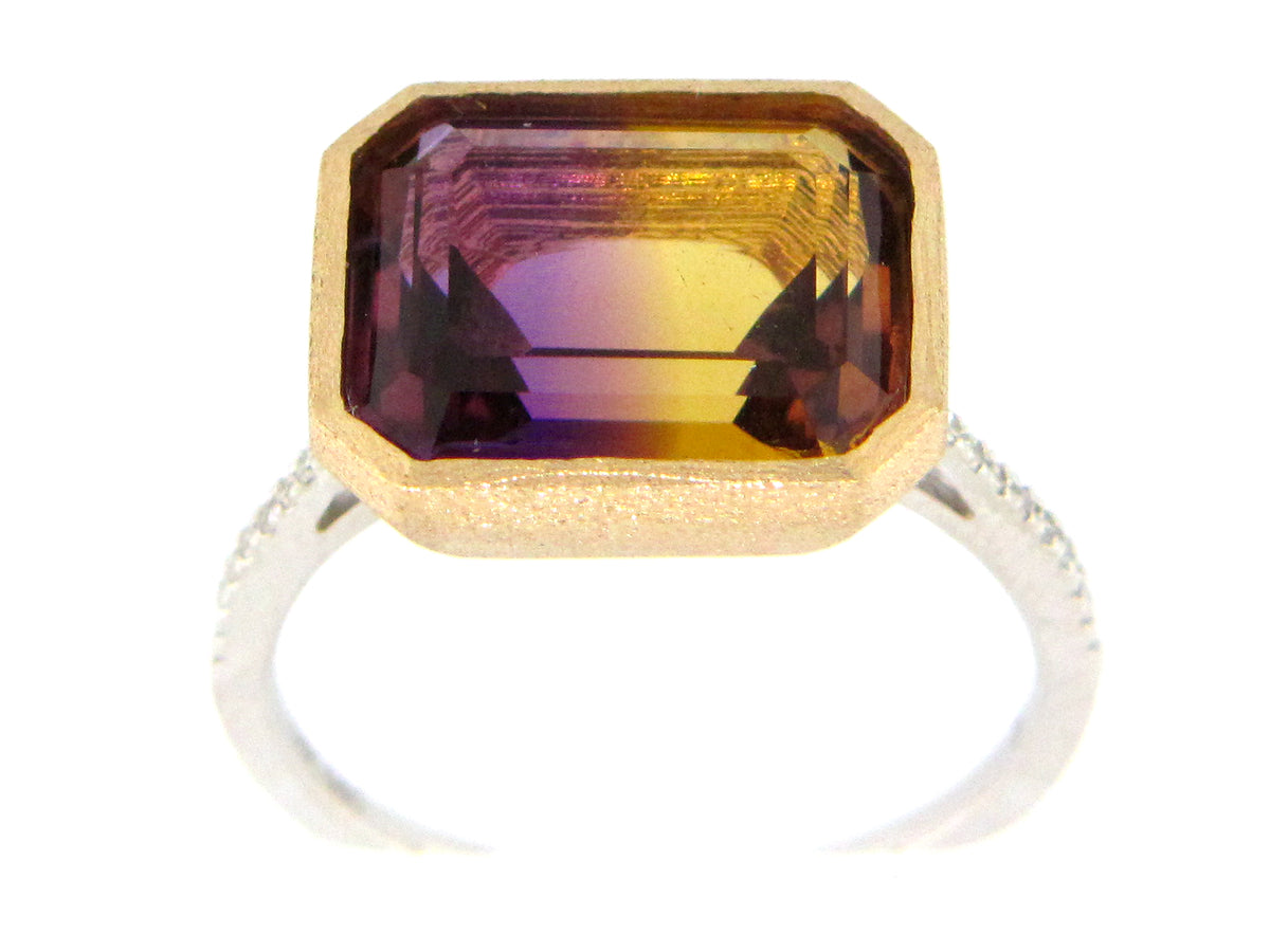 AMETRINE & DIAMOND BEZEL RING, SATIN FINISH, 14KWY (H)