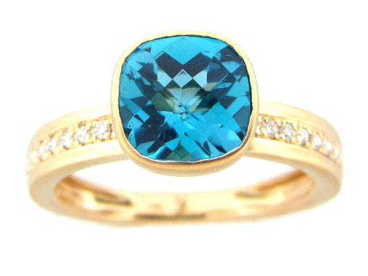BLUE TOPAZ CUSHION & DIAMOND BEZEL RING, SATIN FINISH, 14KY (R)