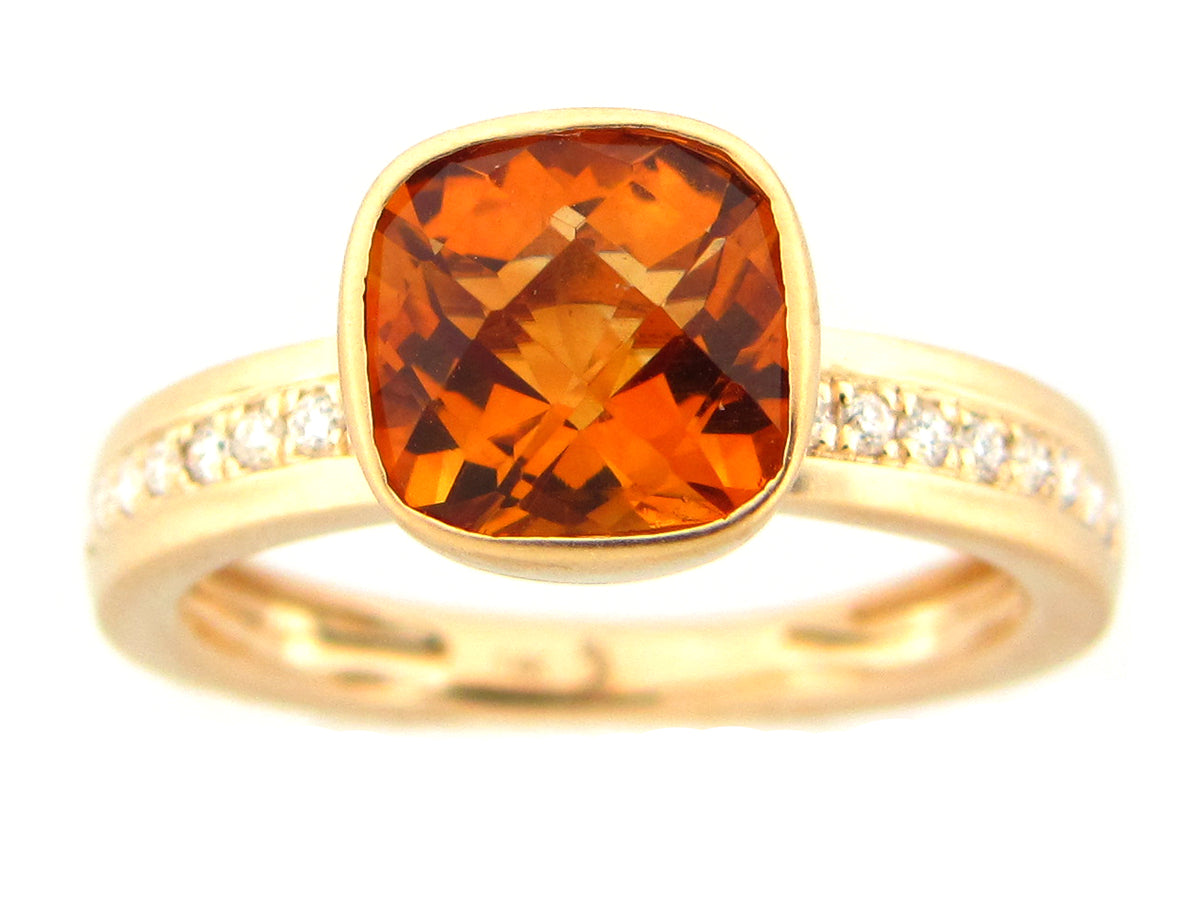 CITRINE CUSHION & DIAMOND BEZEL RING, SATIN FINISH, 14KY (H)