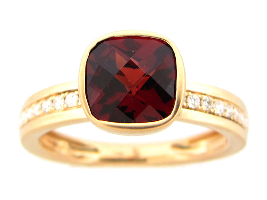 GARNET CUSHION & DIAMOND BEZEL RING, SATIN FINISH, 14KY (N)