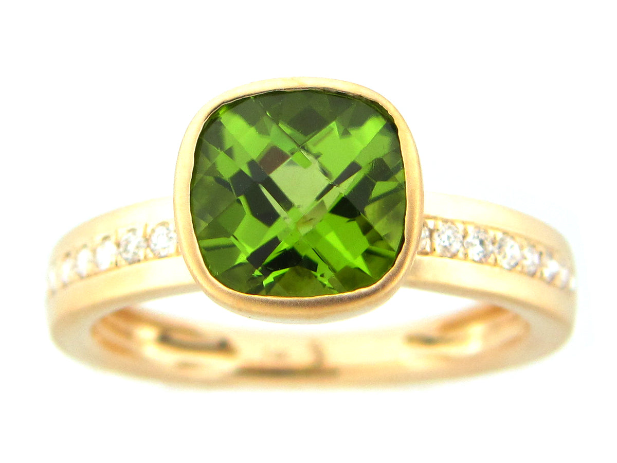 PERIDOT CUSHION & DIAMOND BEZEL RING, SATIN FINISH, 14KY (N)