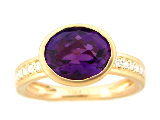 AMETHYST OVAL BEZEL & DIAMOND RING, SATIN FINISH, 14KY (H)