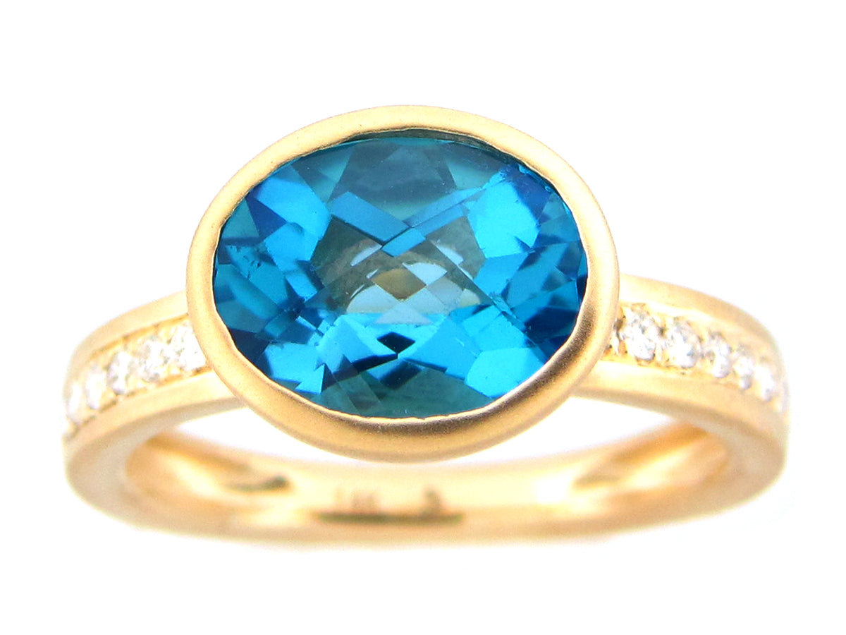 BLUE TOPAZ OVAL BEZEL & DIAMOND RING, SATIN FINISH, 14KY (R)