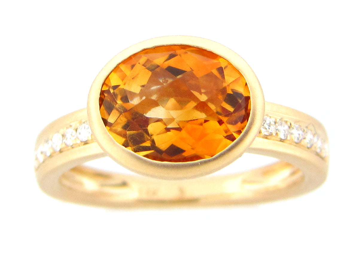 CITRINE OVAL BEZEL & DIAMOND RING, SATIN FINISH, 14KY (H)