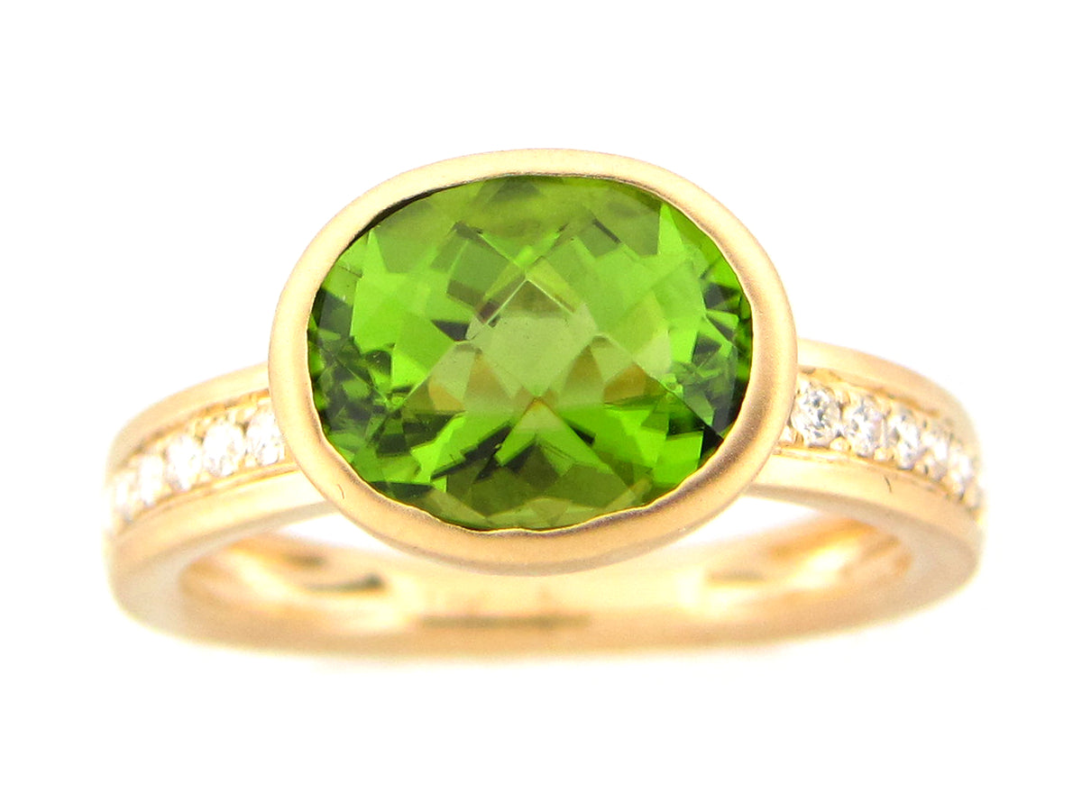 PERIDOT OVAL BEZEL & DIAMOND RING, SATIN FINISH, 14KY (N)