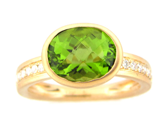 PERIDOT OVAL BEZEL & DIAMOND RING, SATIN FINISH, 14KY (N)