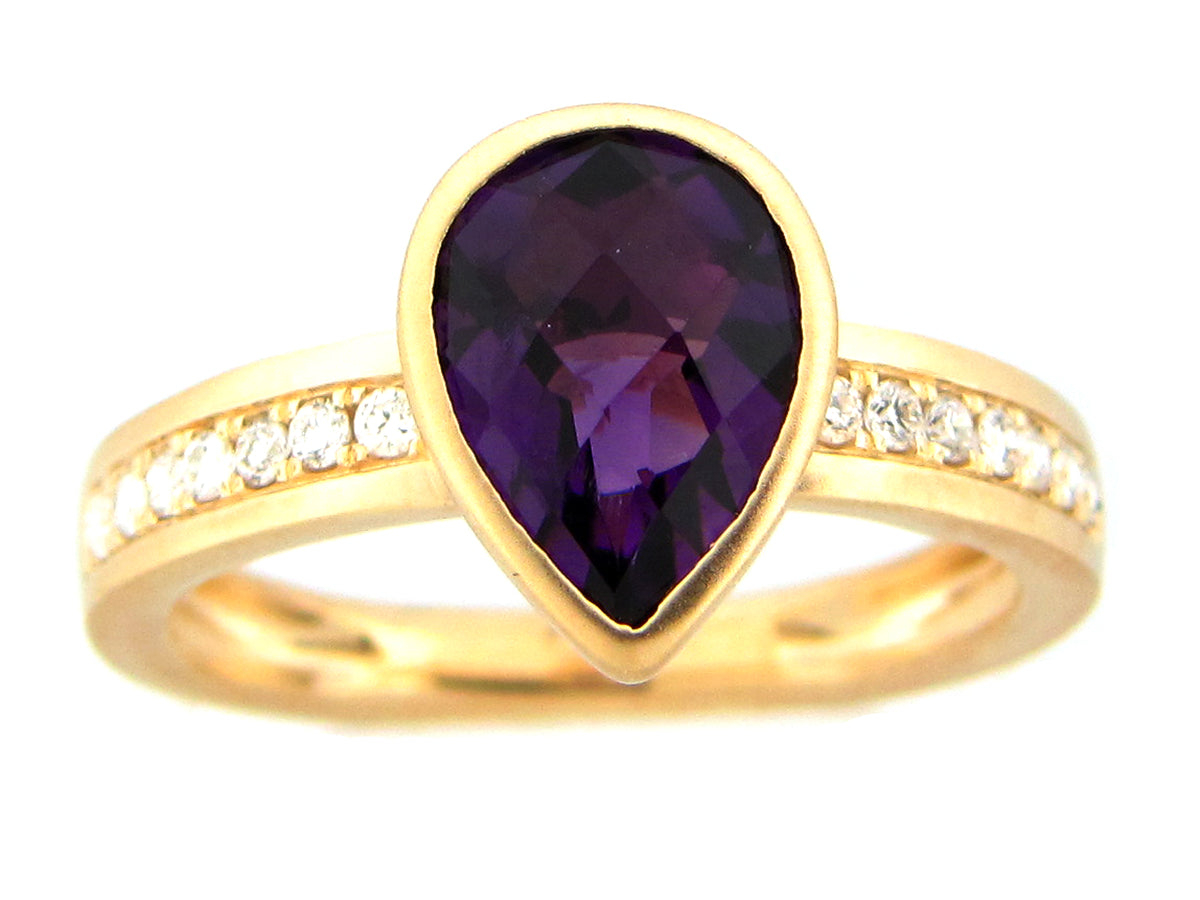 AMETHYST PEAR BEZEL & DIAMOND RING, SATIN FINISH, 14KY (H)
