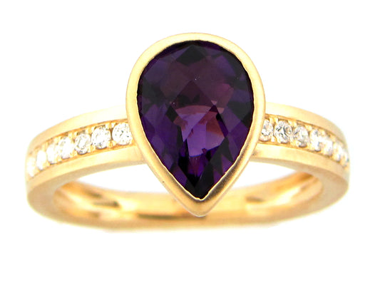 AMETHYST PEAR BEZEL & DIAMOND RING, SATIN FINISH, 14KY (H)
