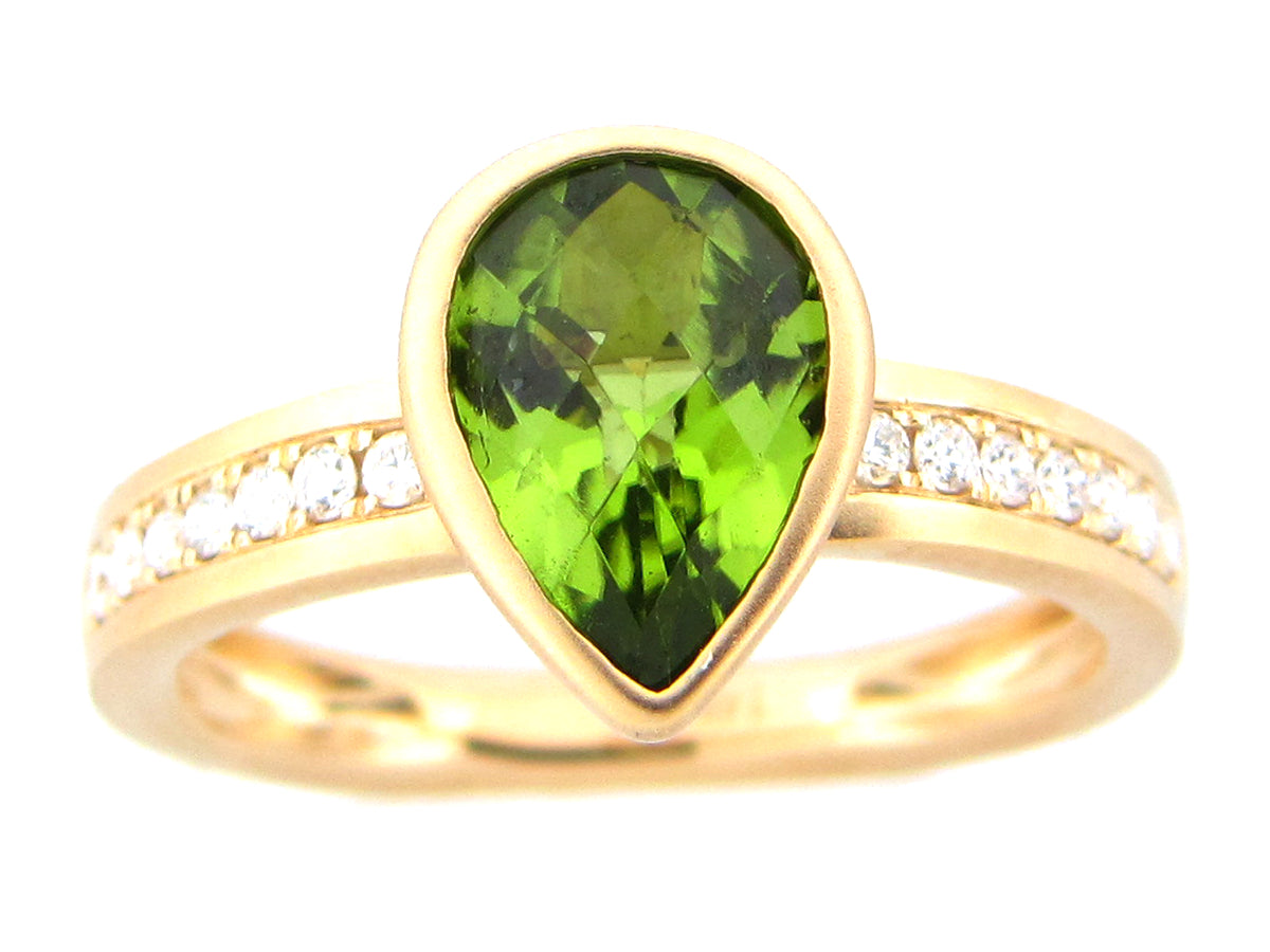PERIDOT PEAR BEZEL & DIAMOND RING, SATIN FINISH, 14KY (N)