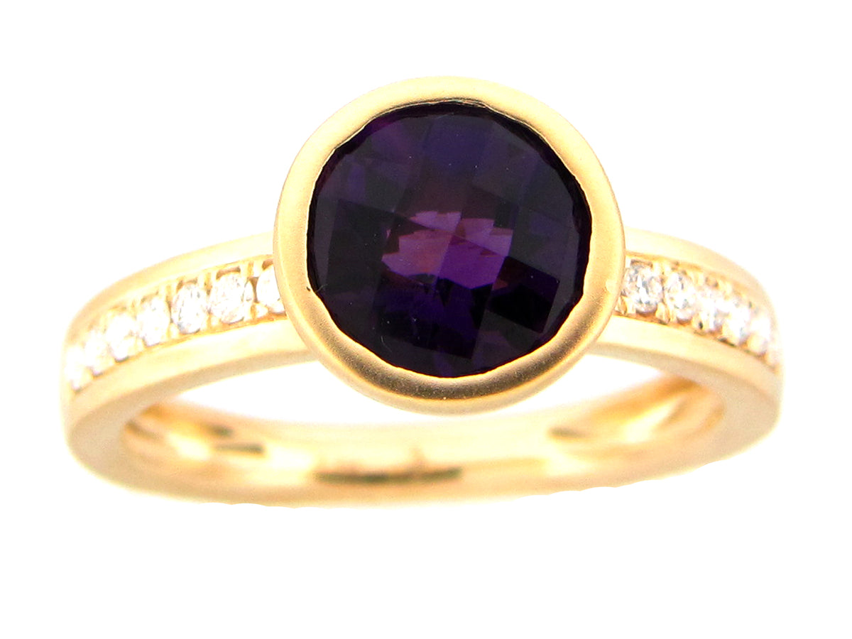 AMETHYST ROUND BEZEL & DIAMOND RING, SATIN FINISH, 14KY (H)
