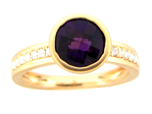 AMETHYST ROUND BEZEL & DIAMOND RING, SATIN FINISH, 14KY (H)