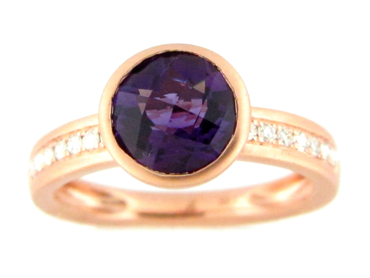 AMETHYST ROUND BEZEL & DIAMOND RING, SATIN FINISH, 14KR (H)