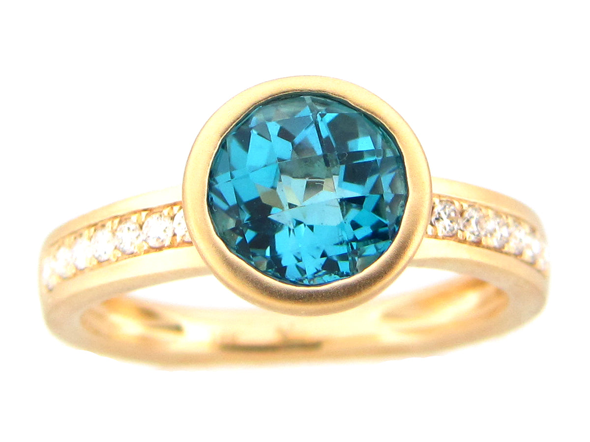BLUE TOPAZ ROUND BEZEL & DIAMOND RING, SATIN FINISH, 14KY (R)