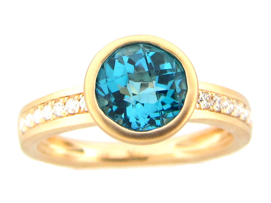 BLUE TOPAZ ROUND BEZEL & DIAMOND RING, SATIN FINISH, 14KY (R)