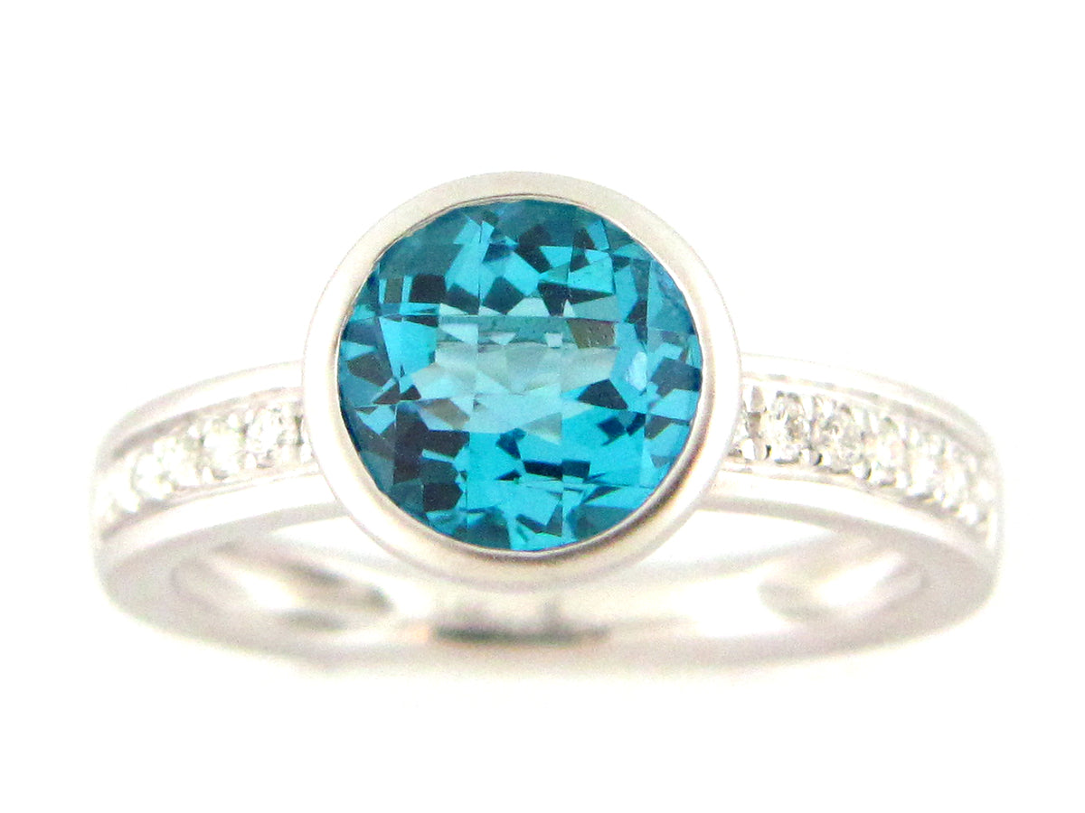 BLUE TOPAZ ROUND BEZEL & DIAMOND RING, SATIN FINISH, 14KW (R)