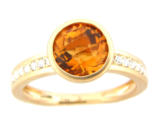 CITRINE ROUND BEZEL & DIAMOND RING, SATIN FINISH, 14KY (H)