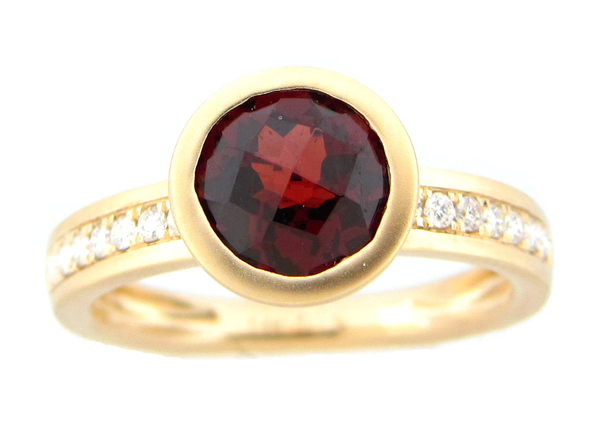 GARNET ROUND BEZEL & DIAMOND RING, SATIN FINISH, 14KY (N)
