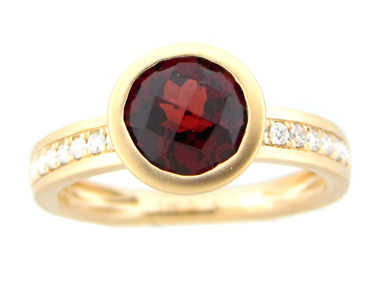 GARNET ROUND BEZEL & DIAMOND RING, SATIN FINISH, 14KY (N)
