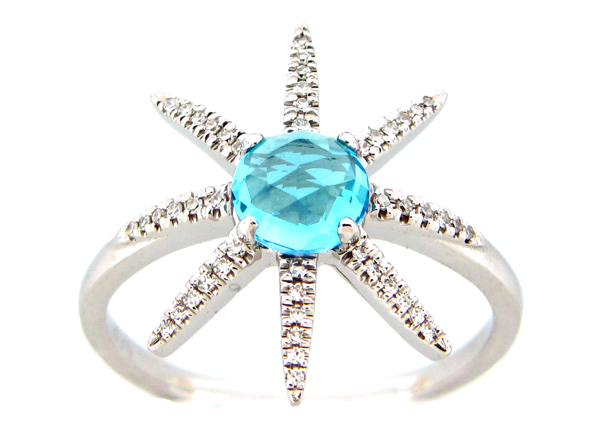 SWISS BLUE TOPAZ & DIAMOND 8 POINT STAR RING, 14KW (R)