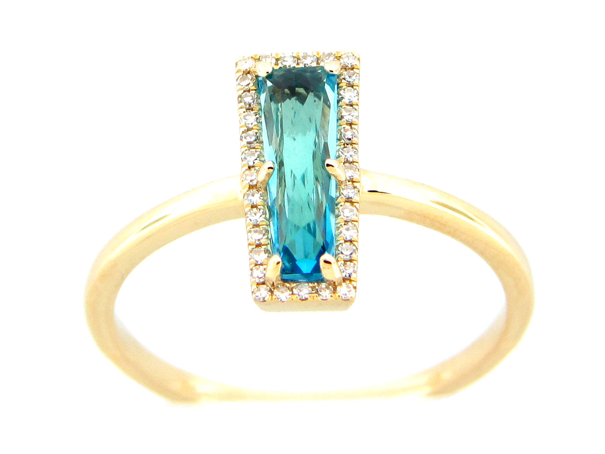 SWISS BLUE TOPAZ & DIAMOND TRAPEZOID RING, 14KY (R)