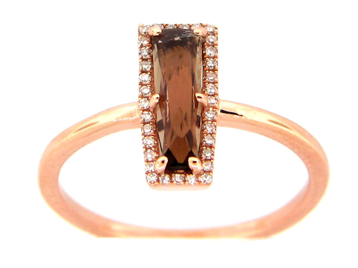 SMOKEY QUARTZ & DIAMOND TRAPEZOID RING, 14KR (H)
