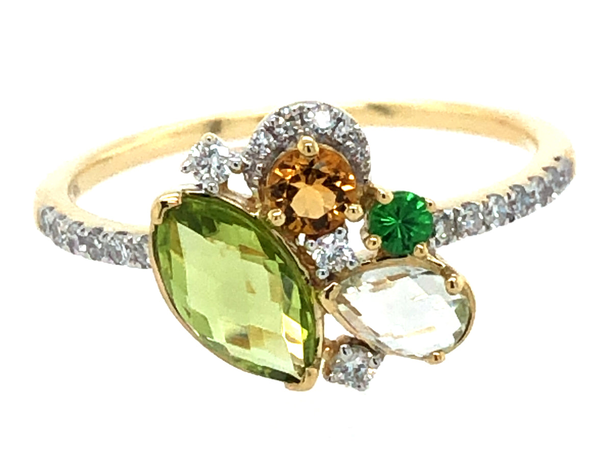 PERIDOT, GREEN AMETHYST, CITRINE, TSAVORITE & DIAMOND RING