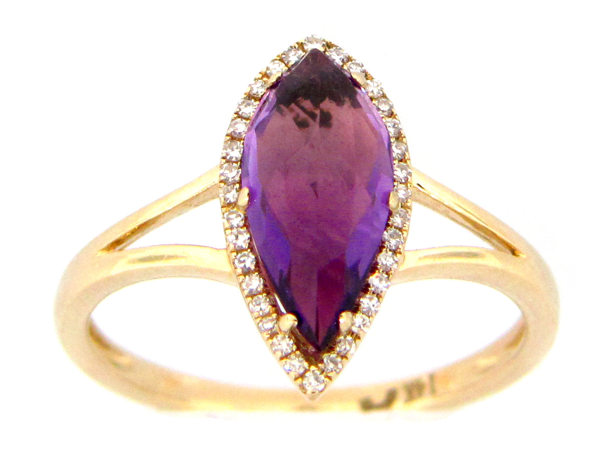 AMETHYST & DIAMOND SPLIT SHANK HALO RING, 14KY (H)