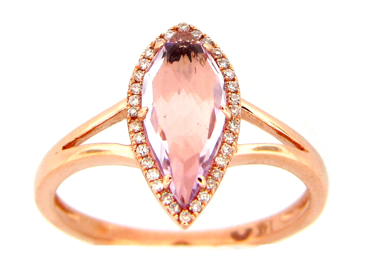 PINK AMETHYST & DIAMOND SPLIT SHANK HALO RING, 14KR (H)