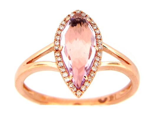 PINK AMETHYST & DIAMOND SPLIT SHANK HALO RING, 14KR (H)