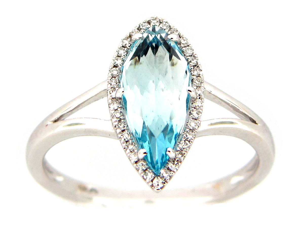 BLUE TOPAZ & DIAMOND SPLIT SHANK HALO RING, 14KW (R)