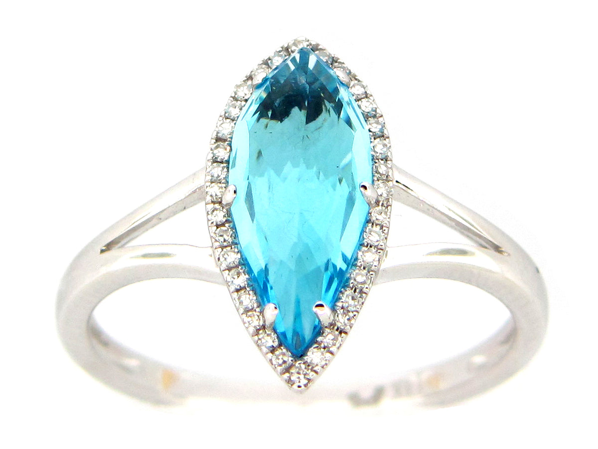 SWISS BLUE TOPAZ & DIAMOND SPLIT SHANK HALO RING, 14KW (R)